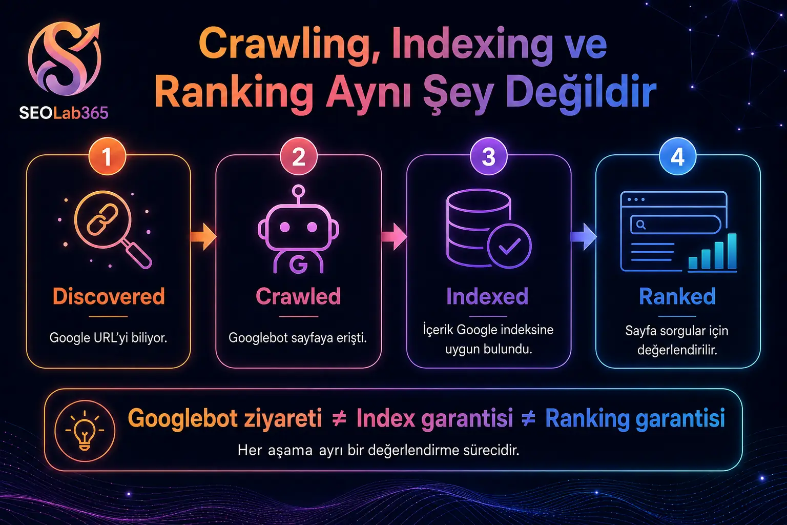 Discovered, Crawled, Indexed ve Ranked aşamalarını gösteren ve crawling, indexing ile ranking arasındaki farkı anlatan SEOlab365 infografiği