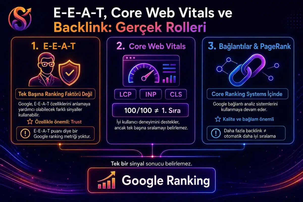 E-E-A-T, Core Web Vitals ve backlinklerin Google sıralamasındaki gerçek rollerini karşılaştırmalı olarak açıklayan SEOlab365 infografiği