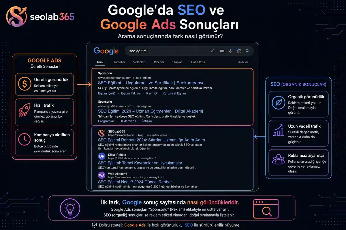Google arama sonuçlarında SEO organik sonuçları ile Google Ads reklam sonuçlarını karşılaştıran görsel