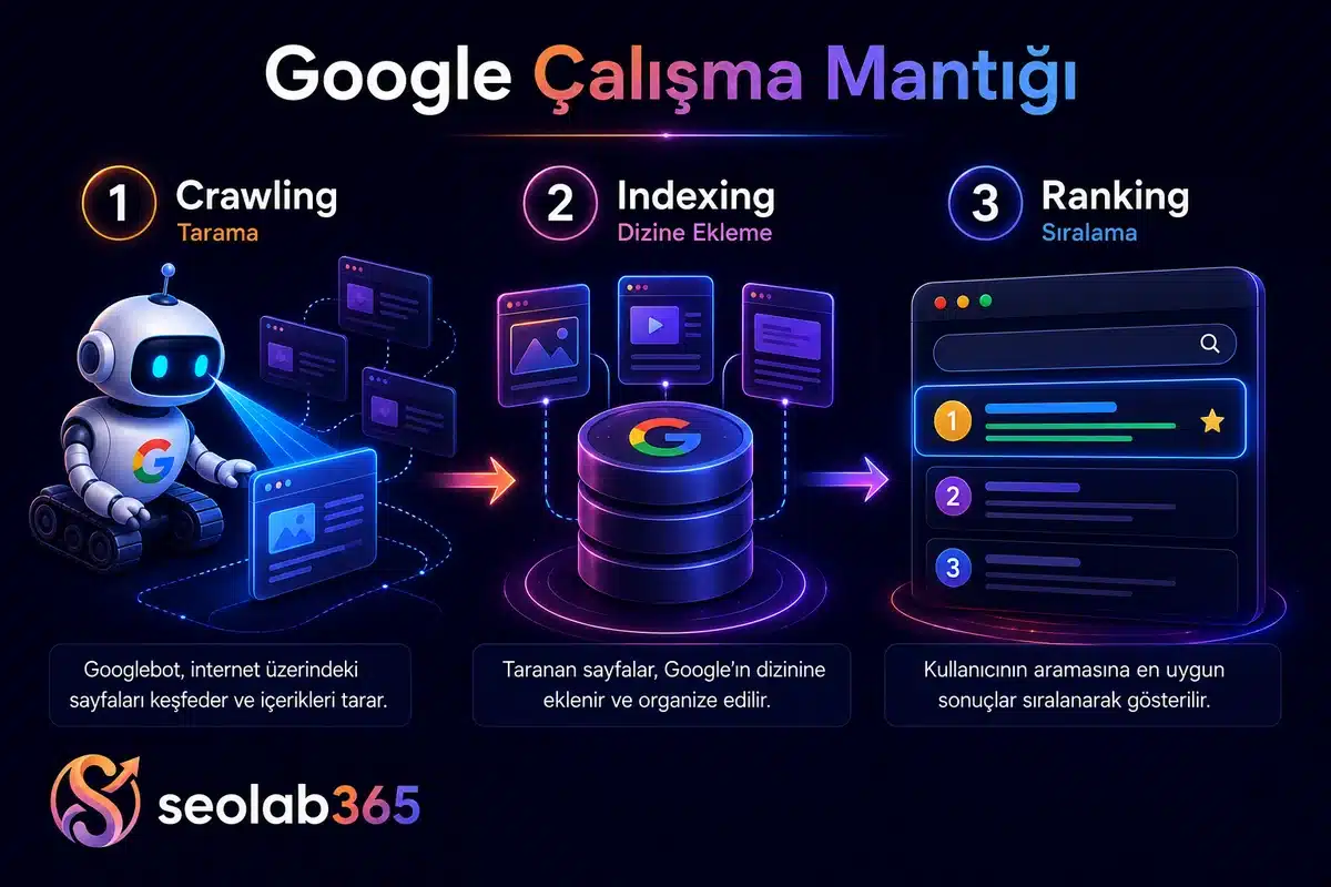 Google çalışma mantığını gösteren crawling indexing ve ranking süreci görseli