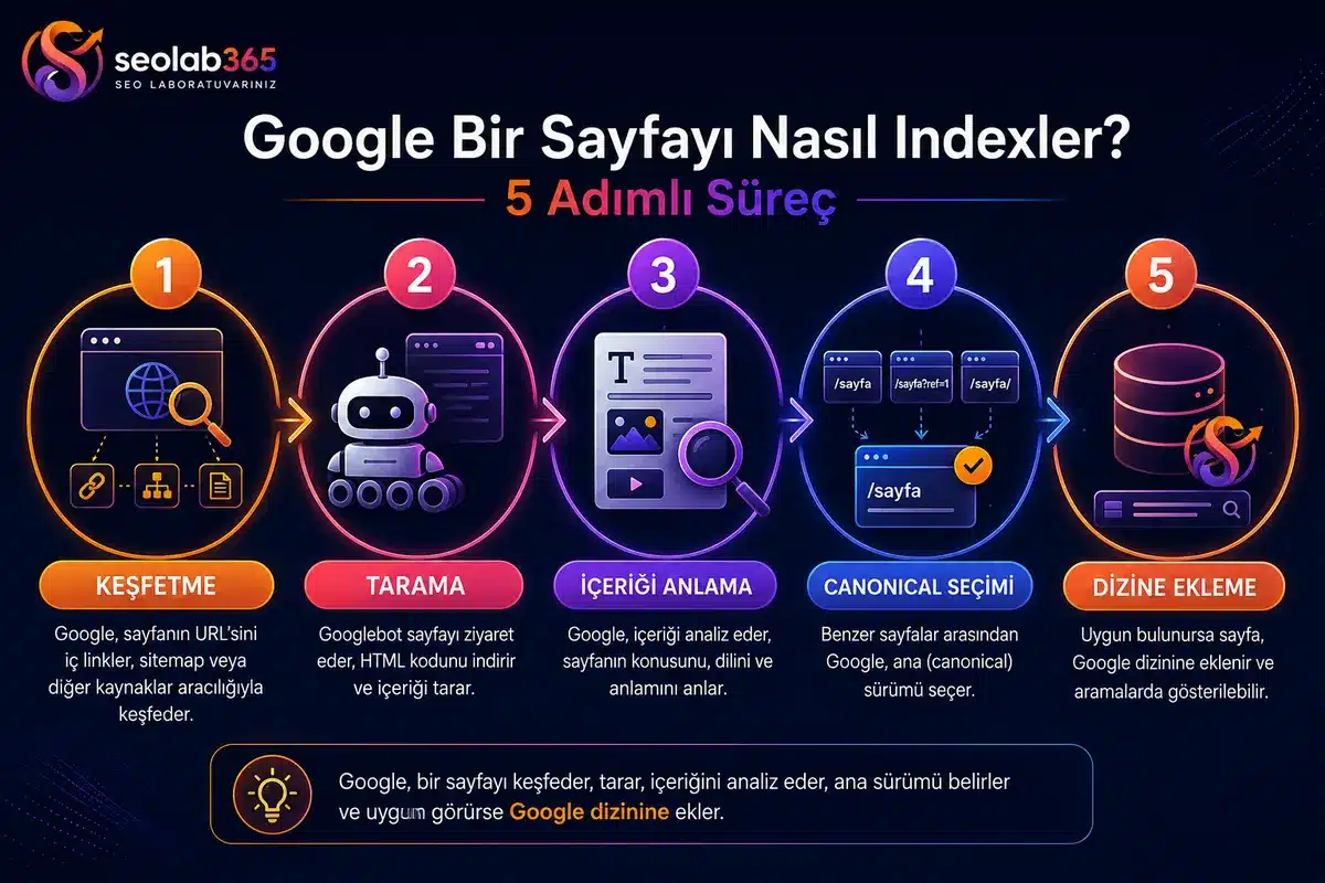 Google’ın bir web sayfasını keşfetme, tarama, içeriği anlama, canonical seçimi ve dizine ekleme aşamalarını gösteren infografik