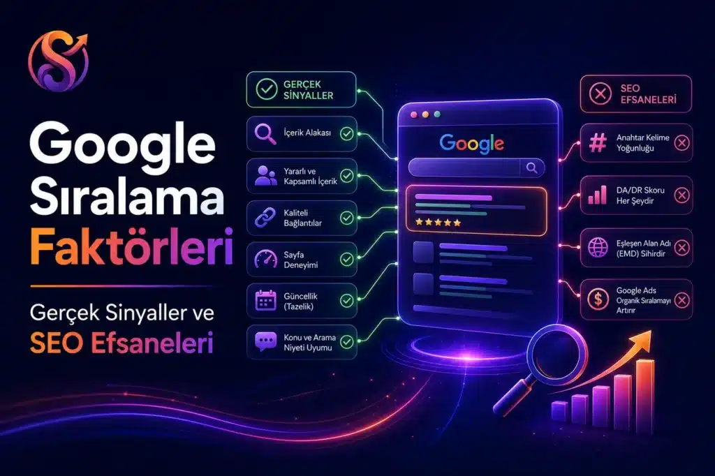 Google sıralama faktörlerinde gerçek sinyaller ile SEO efsanelerini karşılaştırmalı olarak gösteren SEOlab365 infografiği