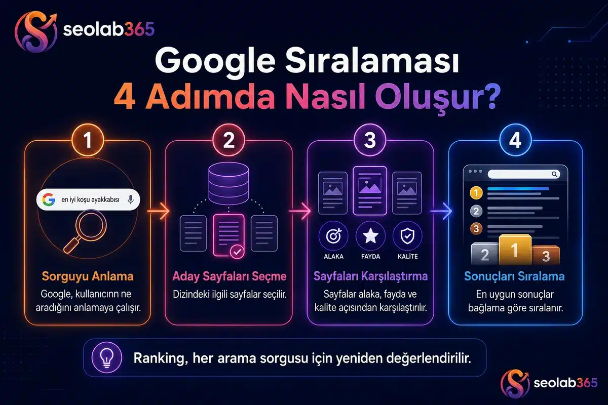 Google’ın bir arama sorgusu için sonuçları anlamadan aday sayfaları seçmeye, karşılaştırmaya ve sıralamaya kadar değerlendirdiği 4 adımlı ranking sürecini gösteren infografik