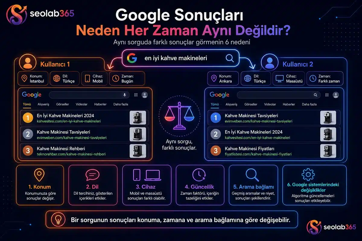 Aynı arama sorgusunda farklı kullanıcıların konum, cihaz, dil ve zaman gibi etkenlere göre farklı Google sonuçları görebileceğini gösteren infografik