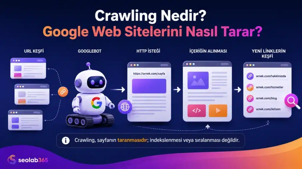 Crawling nedir ve Googlebot’un web sitelerini nasıl taradığını gösteren infografik