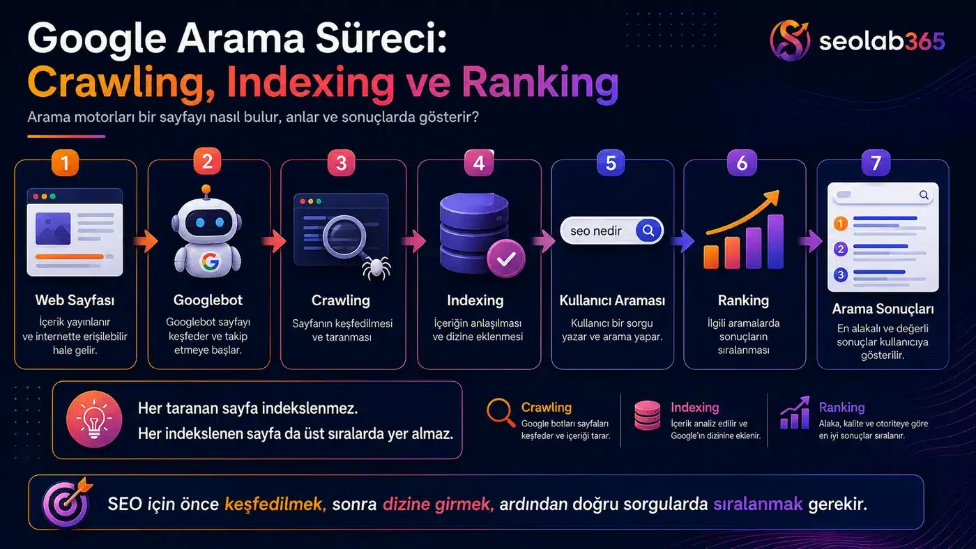 Google arama sürecinde crawling, indexing ve ranking aşamalarını gösteren SEO infografiği