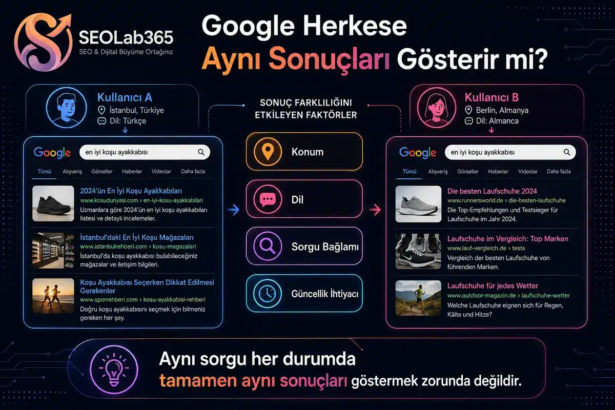 Google arama sonuçlarının konum, dil, sorgu bağlamı ve güncellik ihtiyacına göre değişebileceğini gösteren karşılaştırmalı infografik