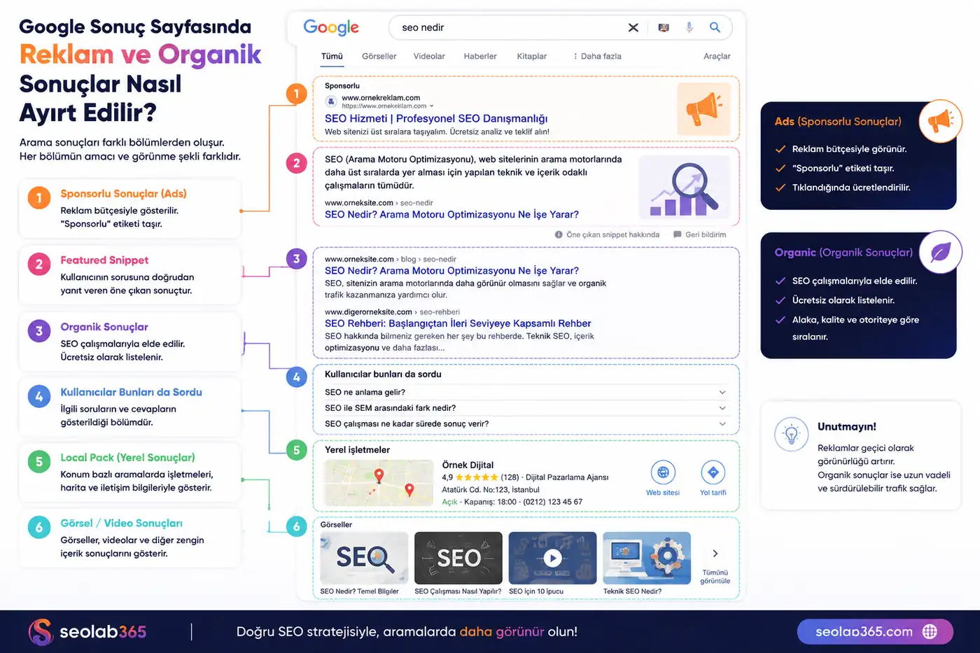 Google SERP sayfasında sponsorlu reklamlar ile organik sonuçların farkını gösteren infografik