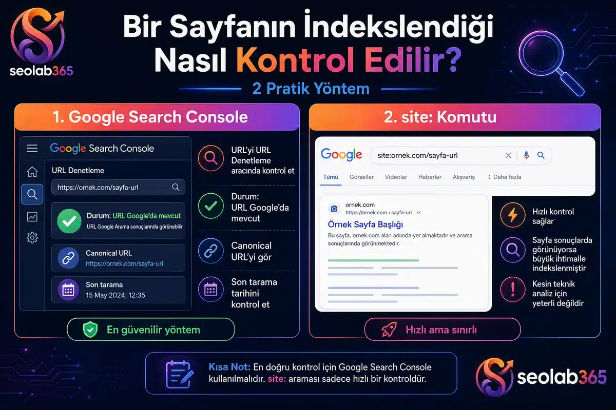 Bir sayfanın Google Search Console ve site komutuyla indekslenip indekslenmediğini kontrol etme yöntemlerini gösteren infografik