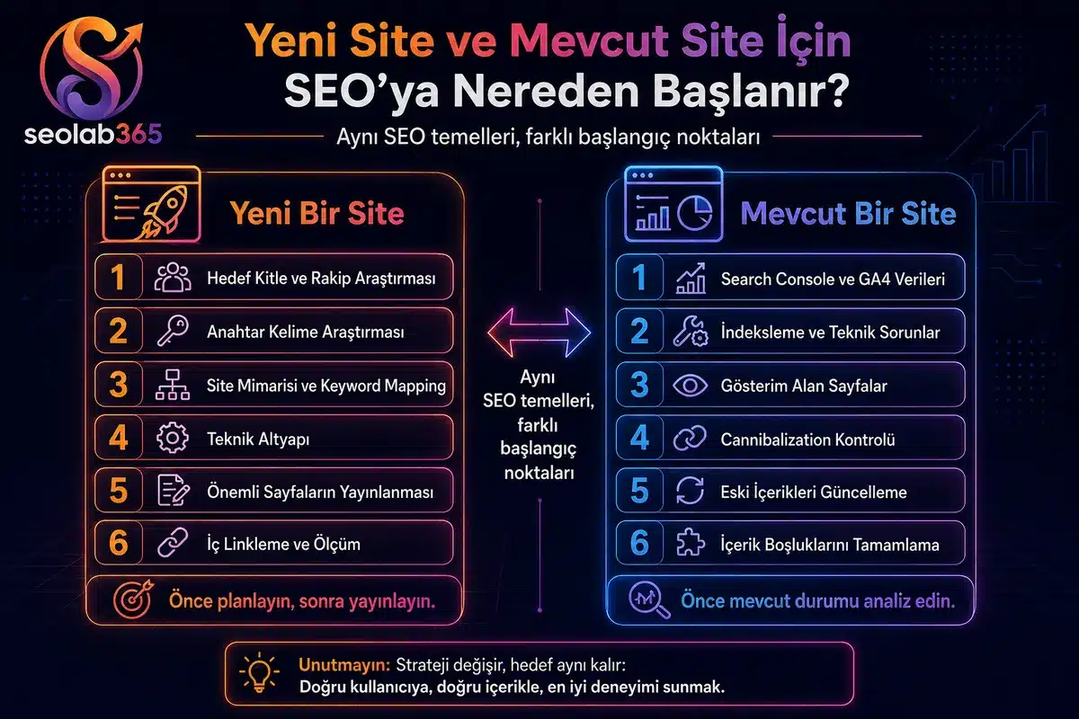 Yeni bir site ile mevcut bir sitede SEO çalışmalarına hangi adımlarla başlanması gerektiğini karşılaştıran SEOlab365 infografiği