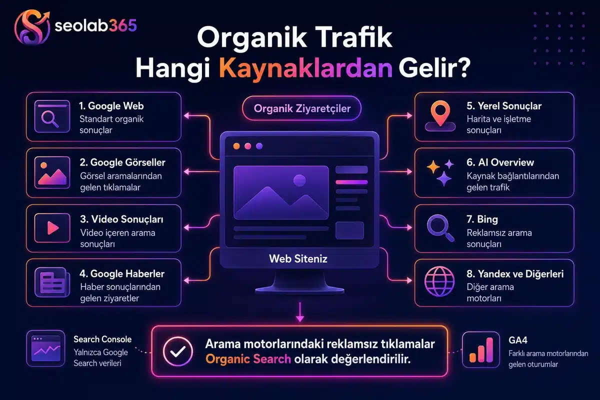 Organik trafiğin Google Web, Google Görseller, video sonuçları, haberler, yerel sonuçlar, AI Overview, Bing ve diğer arama motorlarından nasıl geldiğini gösteren SEOlab365 infografiği