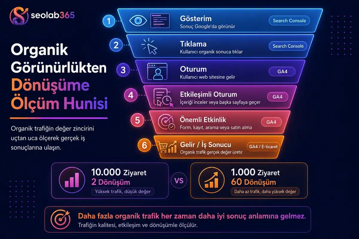 Organik görünürlükten tıklama, oturum, etkileşim ve dönüşüme kadar SEO performans ölçüm sürecini gösteren SEOlab365 infografiği