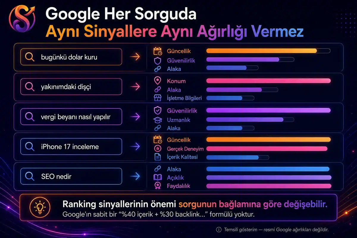 Google sıralama sinyallerinin güncellik, konum, güvenilirlik, deneyim ve alaka gibi faktörlere göre sorgudan sorguya değişebildiğini gösteren infografik