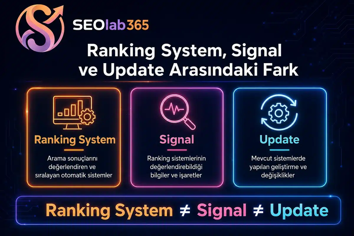 Google ranking system, signal ve update kavramları arasındaki farkı açıklayan SEOlab365 infografiği