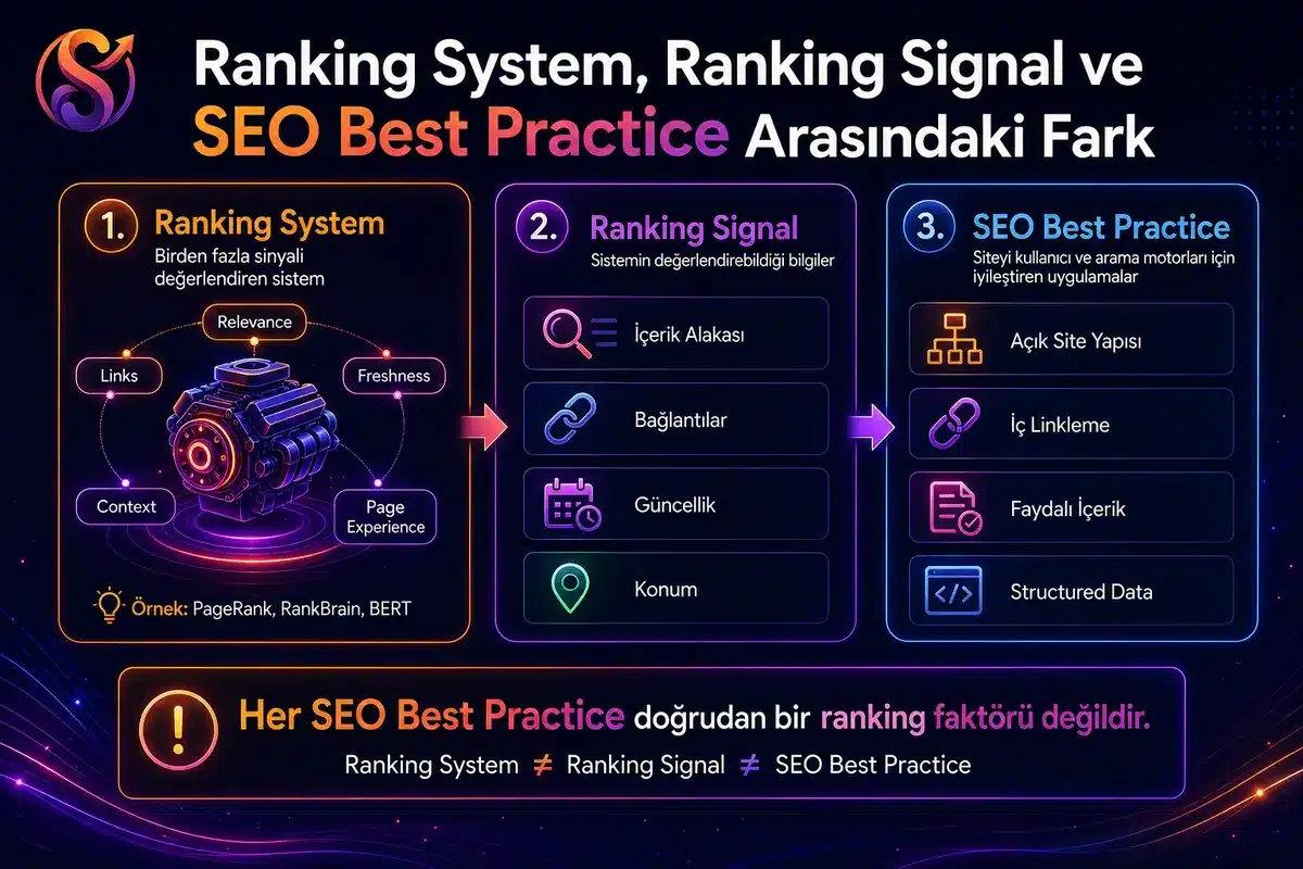 Ranking System, Ranking Signal ve SEO Best Practice kavramlarının farklarını karşılaştırmalı olarak gösteren SEOlab365 infografiği