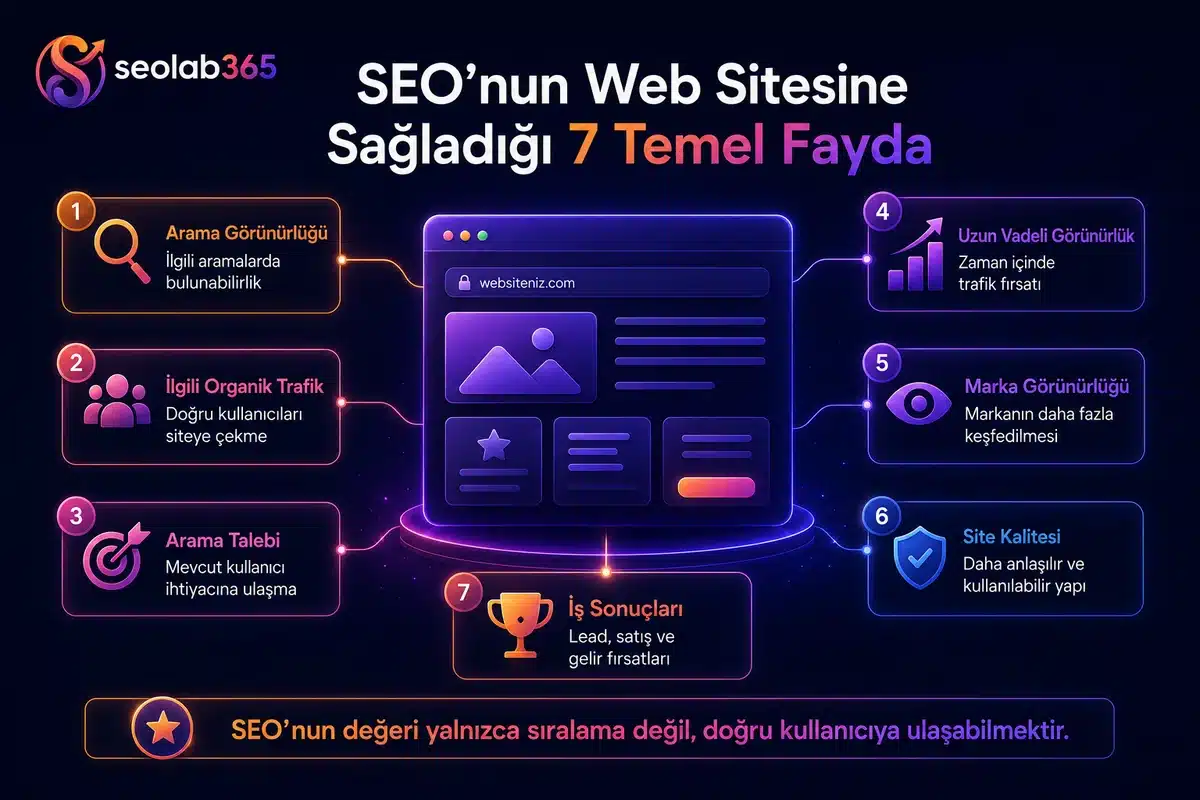 SEO’nun arama görünürlüğü, organik trafik, arama talebi, uzun vadeli görünürlük, marka görünürlüğü, site kalitesi ve iş sonuçları açısından sağladığı 7 temel faydayı gösteren SEOlab365 infografiği