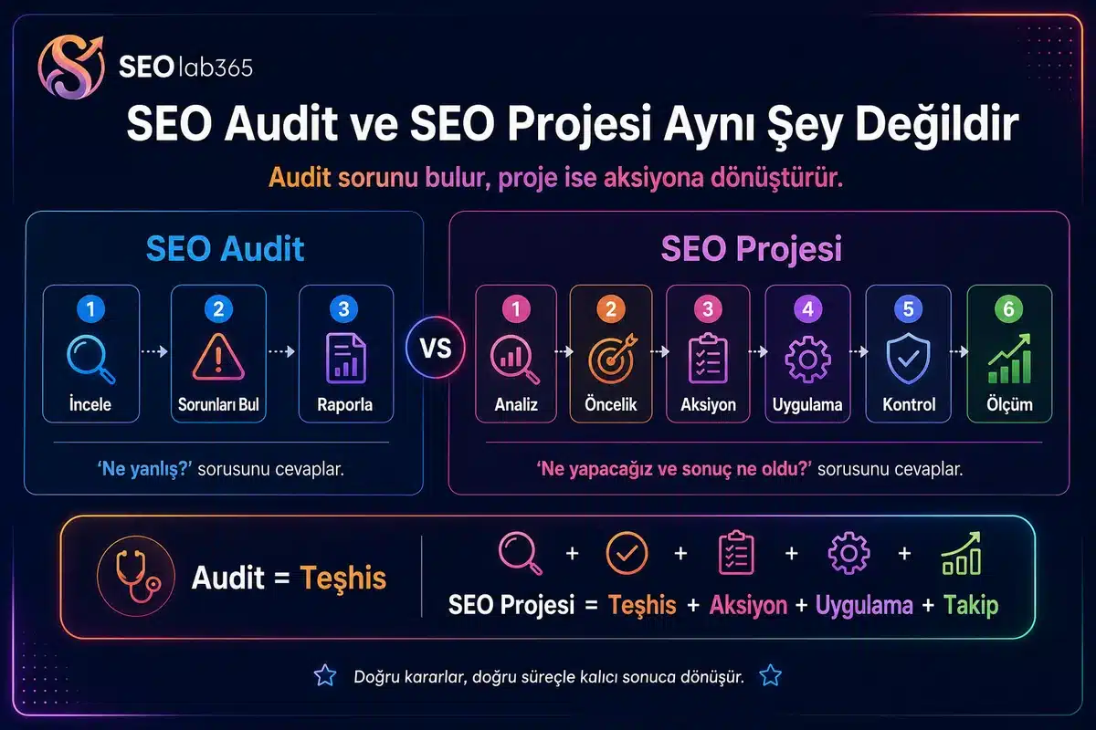 SEO Audit ile SEO projesi arasındaki farkı analiz, aksiyon, uygulama ve ölçüm süreçleriyle gösteren infografik