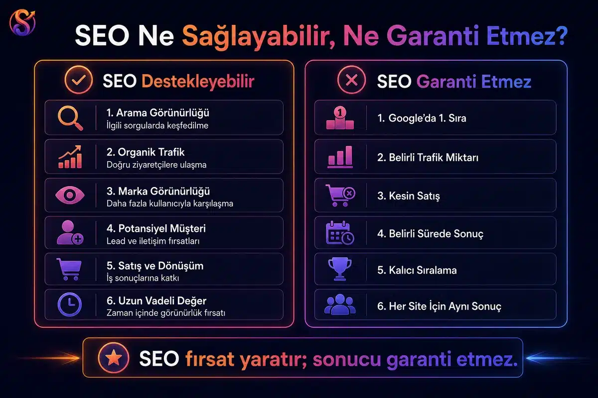 SEO’nun destekleyebileceği sonuçlar ile garanti etmediği sonuçları karşılaştırmalı olarak gösteren SEOlab365 infografiği