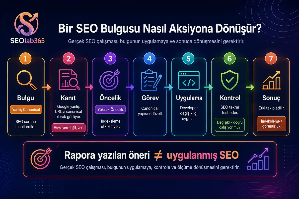 SEO bulgusunun tespit, kanıt, öncelik, uygulama, kontrol ve sonuç aşamalarından geçtiğini gösteren SEO süreç infografiği