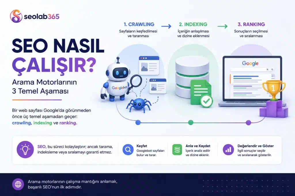SEO nasıl çalışır ve arama motorlarının crawling, indexing ve ranking aşamalarını gösteren infografik
