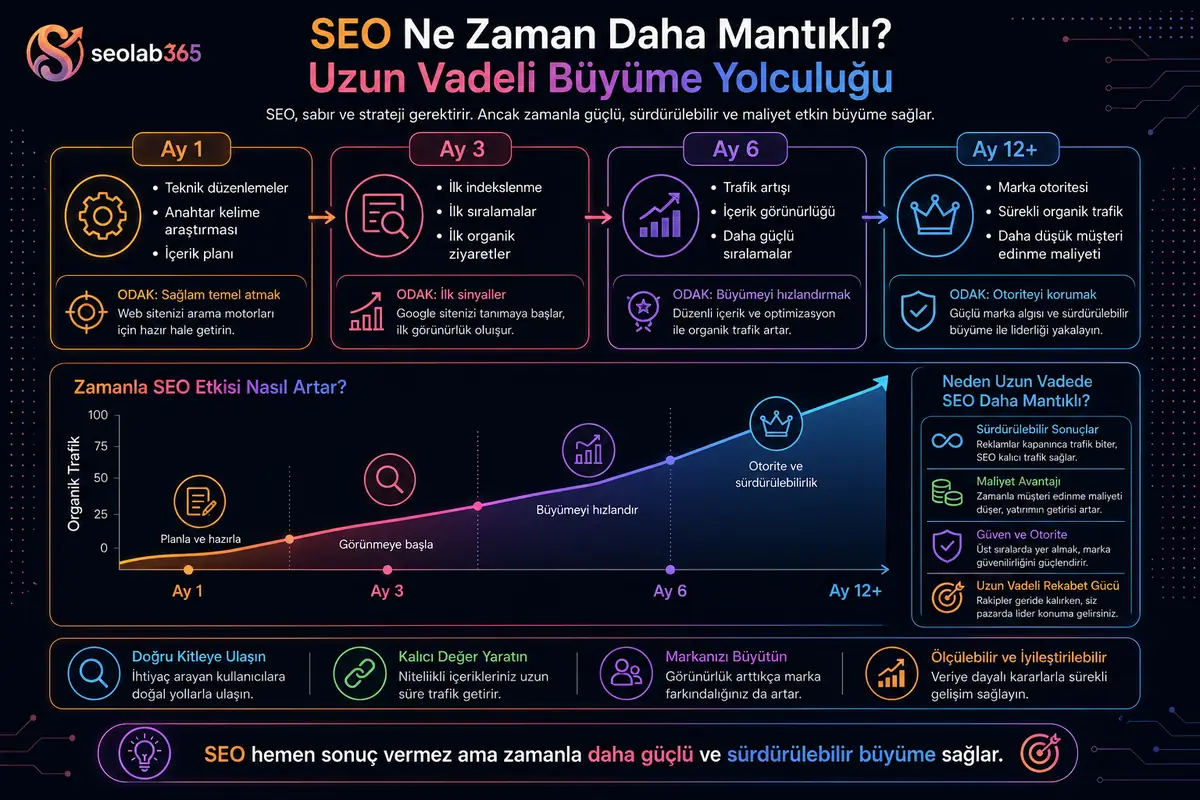 SEO çalışmalarının zaman içinde organik trafik ve marka otoritesi oluşturma sürecini gösteren görsel
