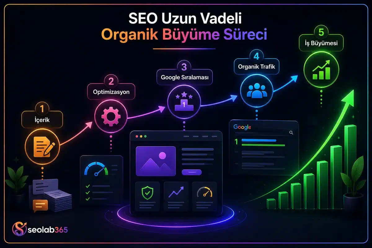 İçerik optimizasyonundan Google sıralamasına ve organik trafiğe uzanan SEO büyüme sürecini gösteren görsel