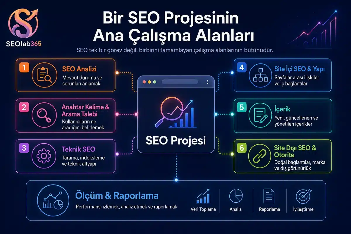 Bir SEO projesinin ana çalışma alanlarını gösteren SEO analizi, teknik SEO, içerik, site içi SEO ve site dışı SEO infografiği