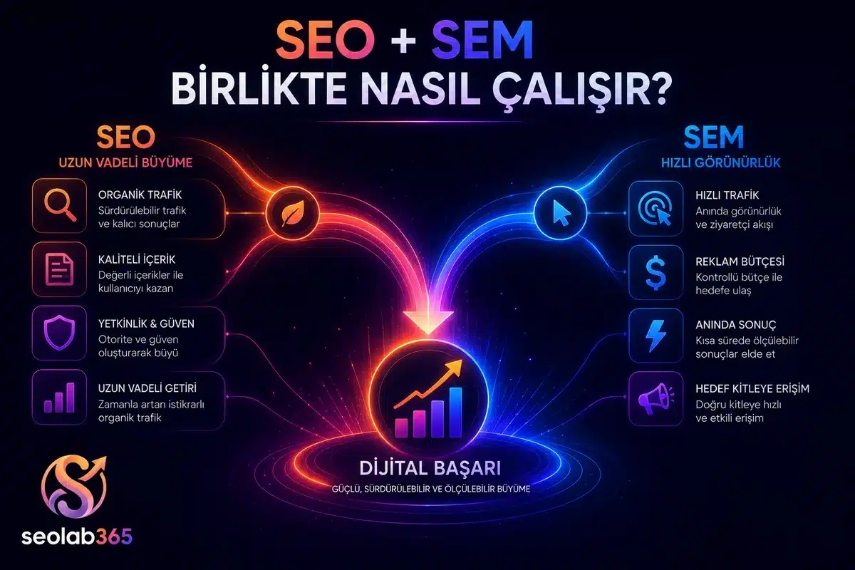 SEO ve SEM stratejilerinin birlikte kullanıldığında dijital başarıya nasıl katkı sağladığını gösteren görsel