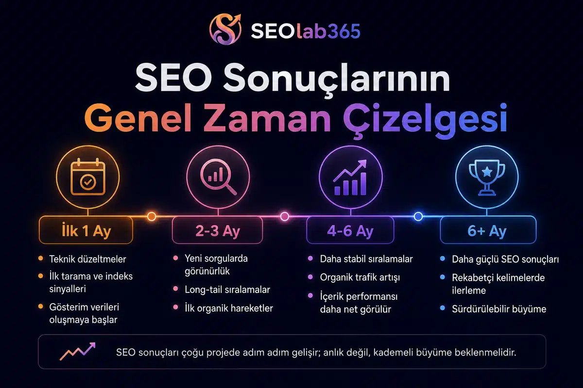 SEO sonuçlarının zaman içinde gelişimini gösteren SEO zaman çizelgesi