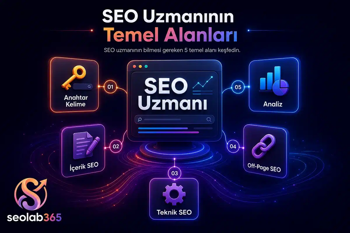 SEO uzmanının bilmesi gereken temel alanları gösteren görsel
