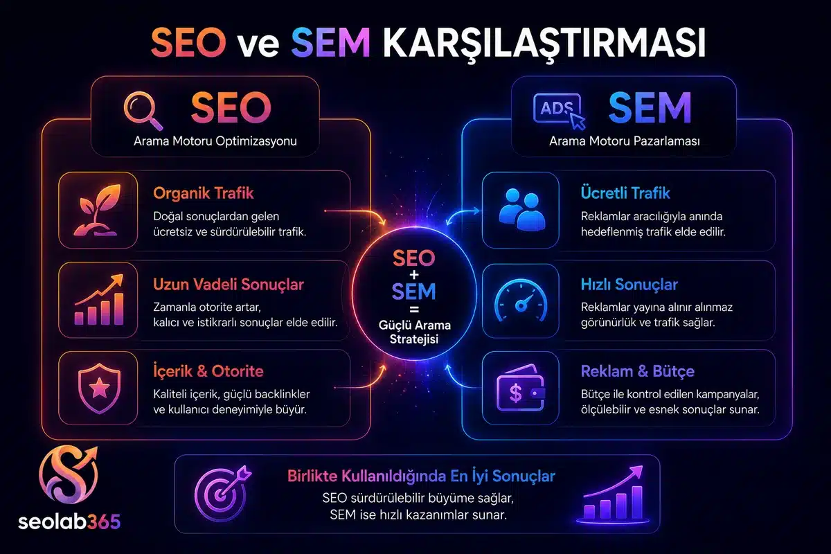 SEO ve SEM arasındaki farkları organik trafik ücretli trafik hız bütçe ve otorite açısından karşılaştıran görsel