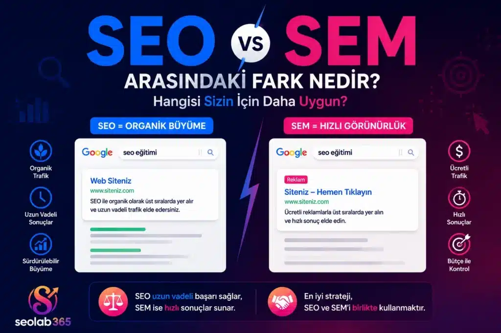 SEO ve SEM arasındaki farkları organik büyüme ve ücretli reklam stratejileri ile karşılaştıran görsel