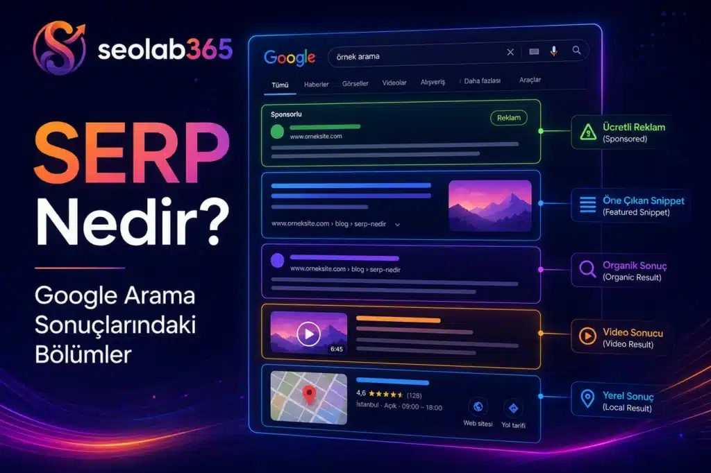 Google SERP sayfasındaki sponsorlu reklam, Featured Snippet, organik sonuç, video sonucu ve yerel sonuç bölümlerini gösteren SEOlab365 infografiği