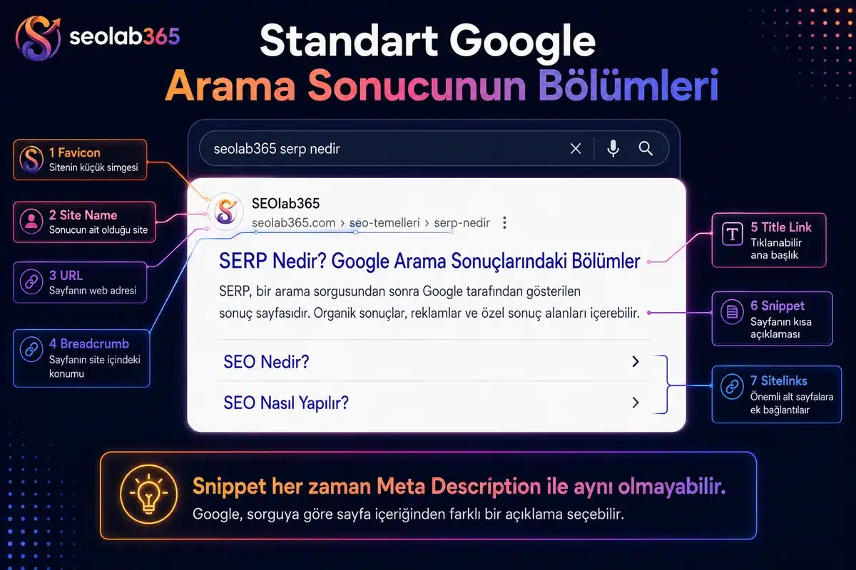 Standart bir Google organik sonucundaki favicon, site adı, URL, breadcrumb, title link, snippet ve sitelinks bölümlerini gösteren infografik