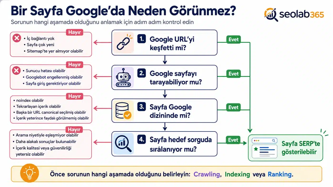 Bir sayfanın Google’da neden görünmediğini crawling, indexing ve ranking aşamalarına göre açıklayan infografik