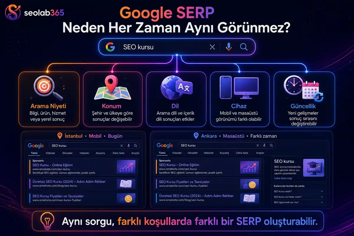 Aynı arama sorgusunda Google SERP görünümünün arama niyeti, konum, dil, cihaz ve güncellik gibi faktörlere göre neden değişebildiğini gösteren infografik