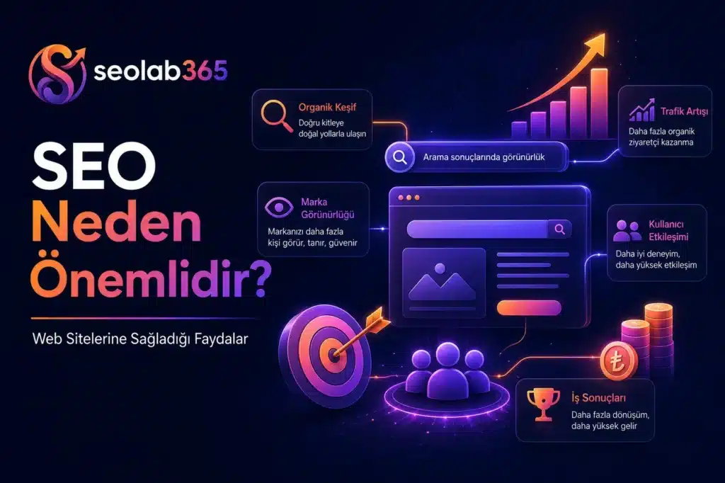 SEO’nun web sitelerine görünürlük, organik trafik, marka bilinirliği, kullanıcı etkileşimi ve iş sonuçları açısından sağladığı faydaları gösteren SEOlab365 infografiği